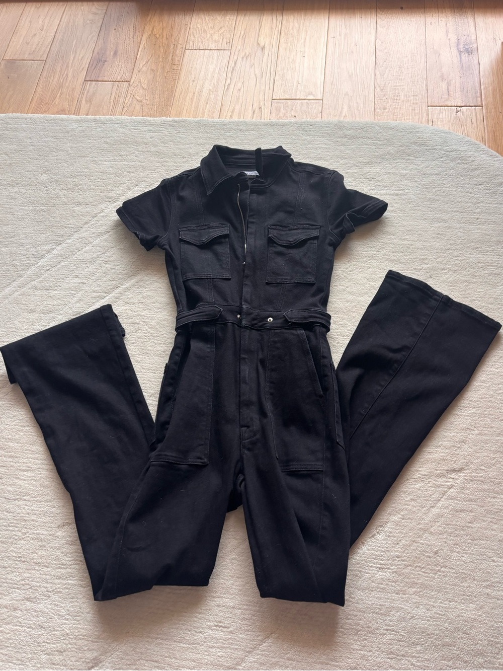 Good American Black Denim Y2K Short-Sleeve Utility Jumpsuit